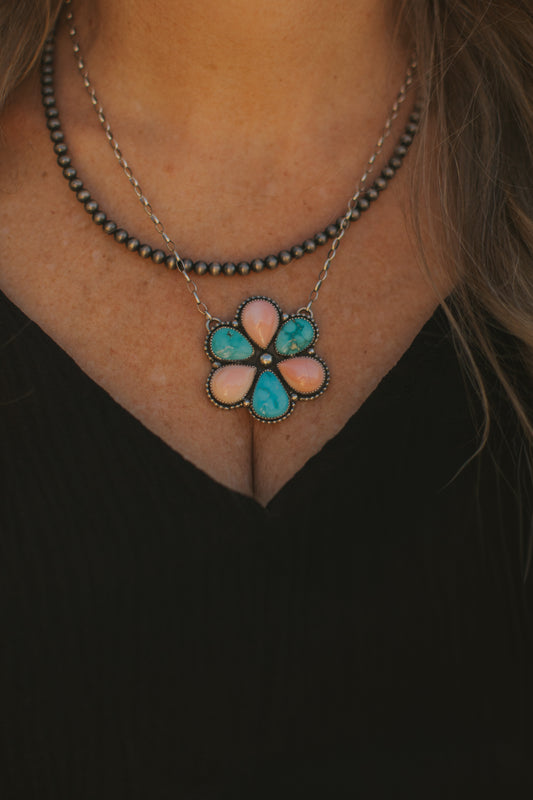 Pink + Turquoise Flower Necklace