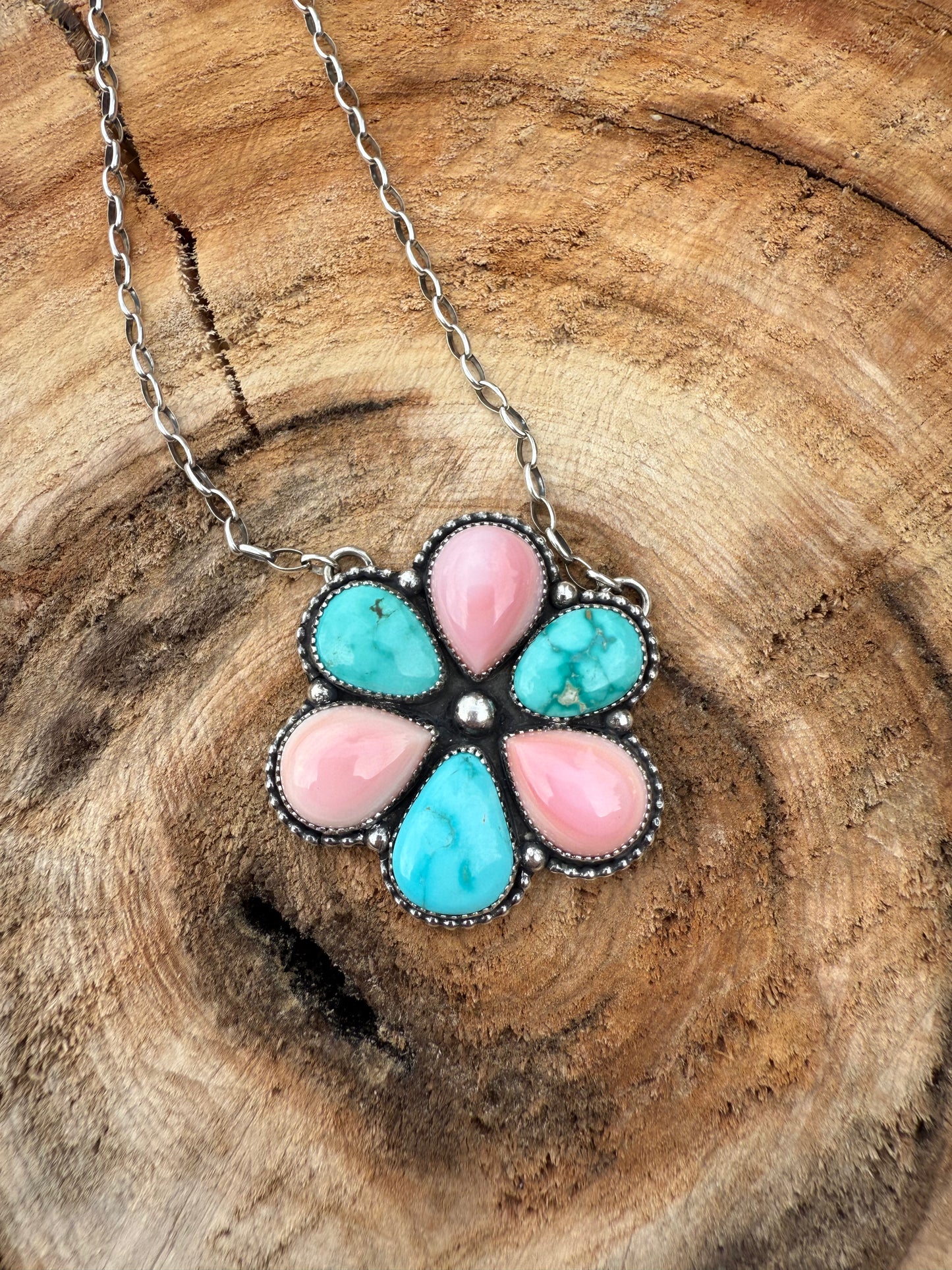 Pink + Turquoise Flower Necklace