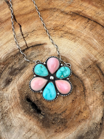 Pink + Turquoise Flower Necklace