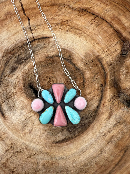 Pink Conch and Turquoise Statement Necklace