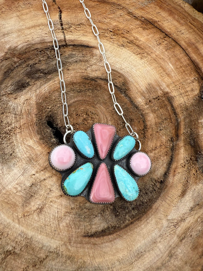 Pink Conch and Turquoise Statement Necklace