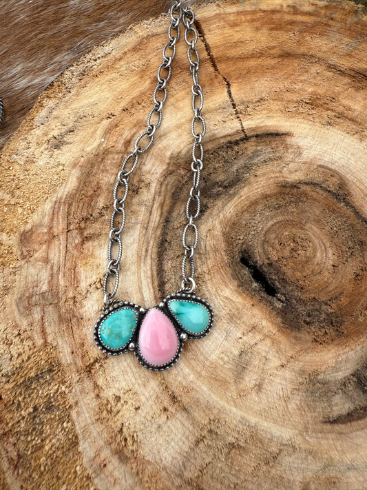Pink Conch + Turquoise - 3 Stone Necklace