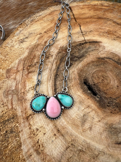 Pink Conch + Turquoise - 3 Stone Necklace